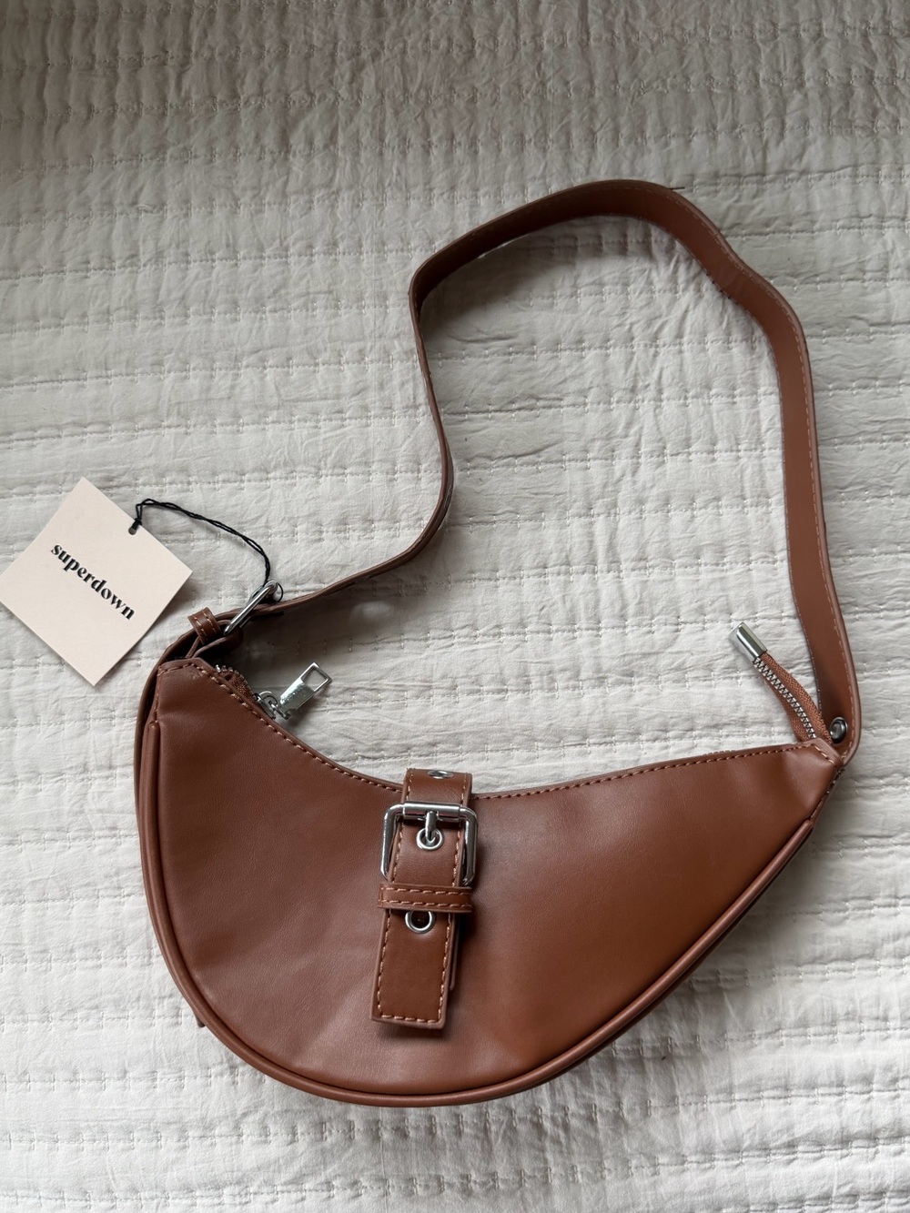 superdown Cognac Crescent Shoulder Bag with Buckle Accent